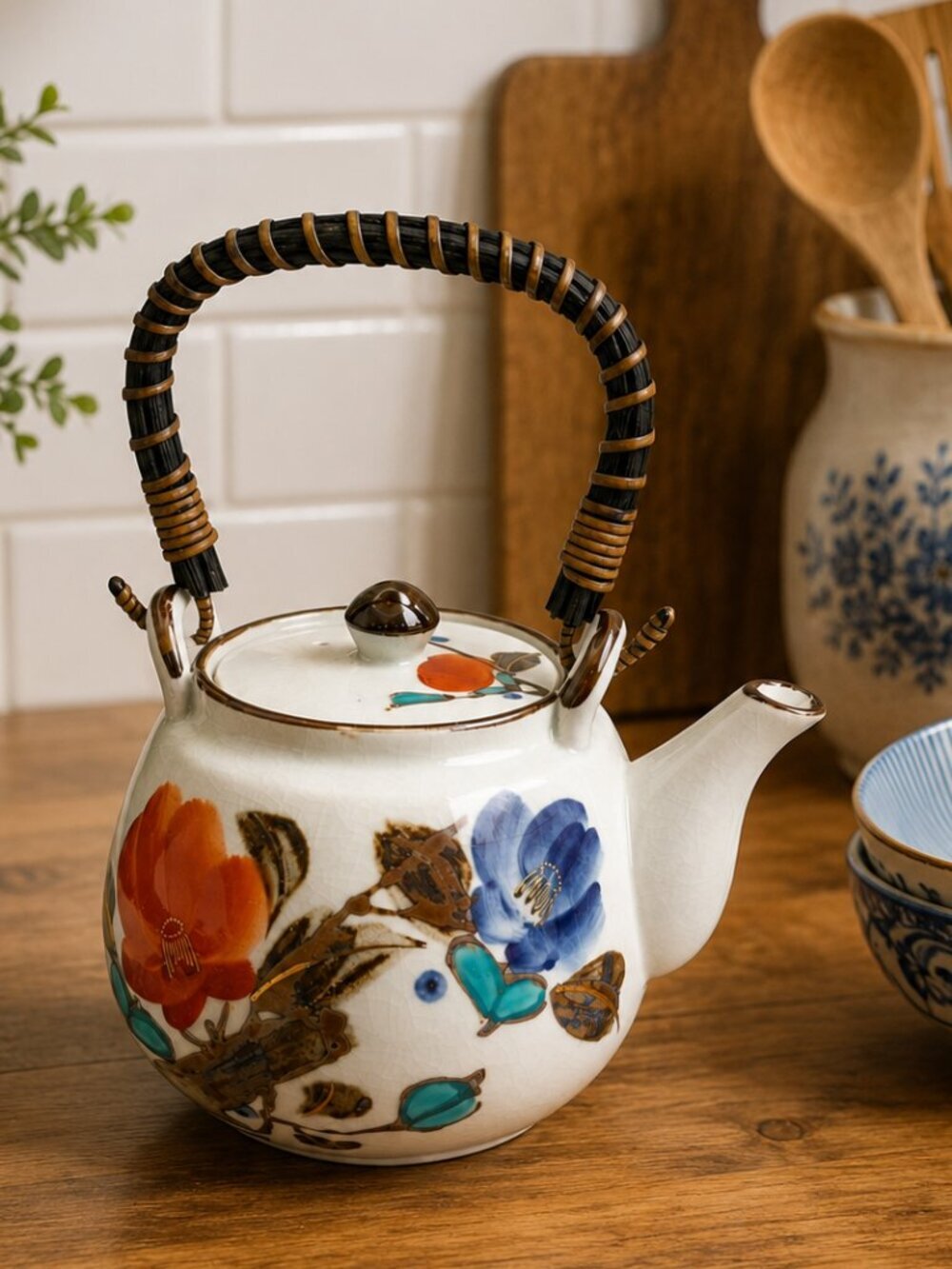 Andrea by Sadek Japanese Floral Teapot w/ Bamboo Handle Vintage Ceramic Tea Pot